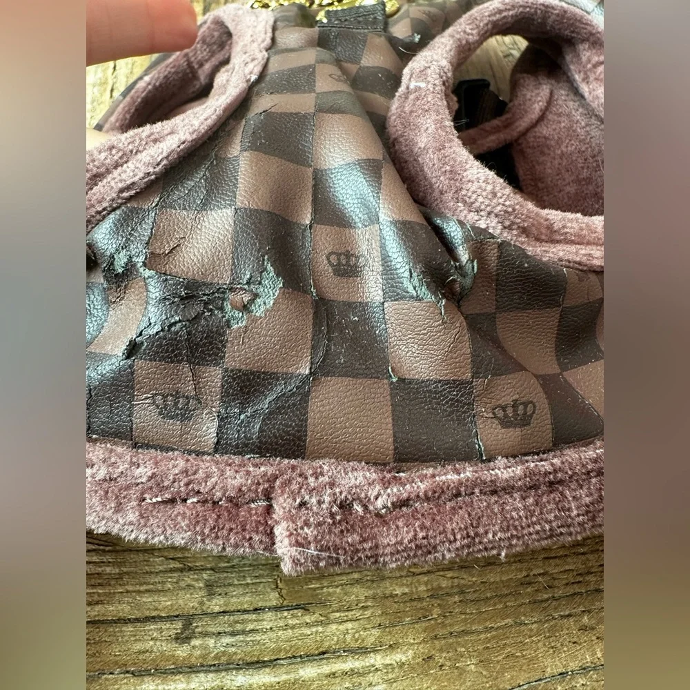 Brown Checkered Dog Harness with Crown Logo